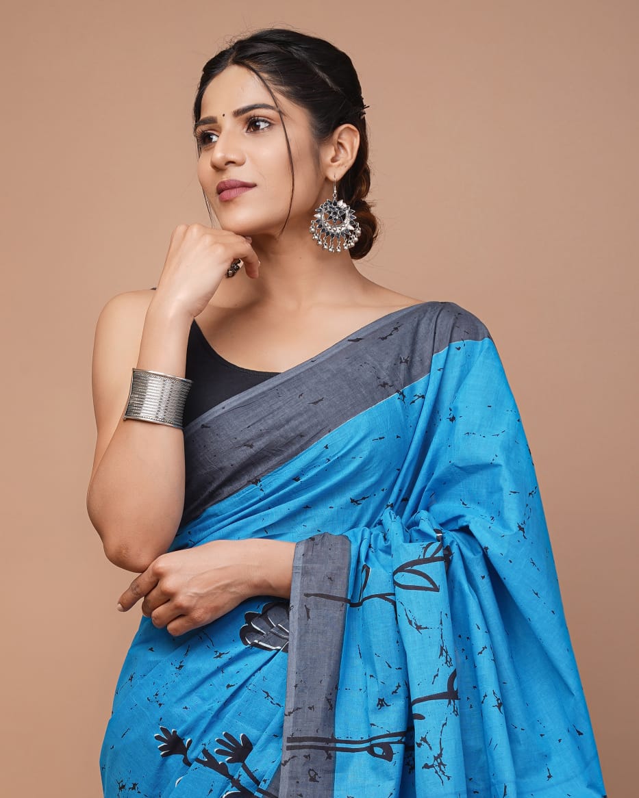 Blue Printed Handloom Cotton Mulmul Saree