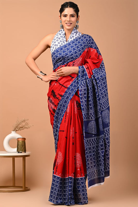 Red & Blue Triangle Printed Handloom Cotton Mulmul Saree