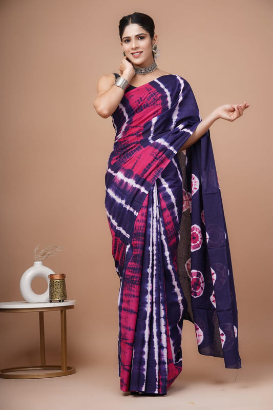 Blue & Pink Printed Handloom Cotton Mulmul Saree