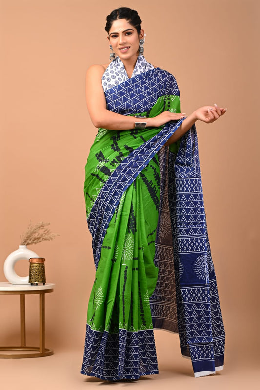 Parrot Green & Blue Triangle Printed Handloom Cotton Mulmul Saree