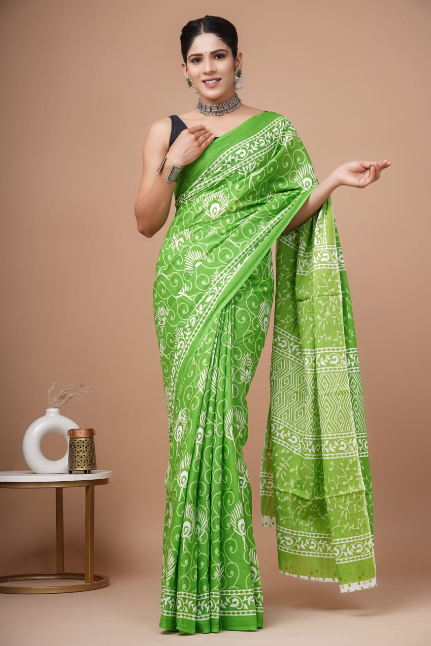 Green Block Printed Handloom Cotton Mulmul Saree