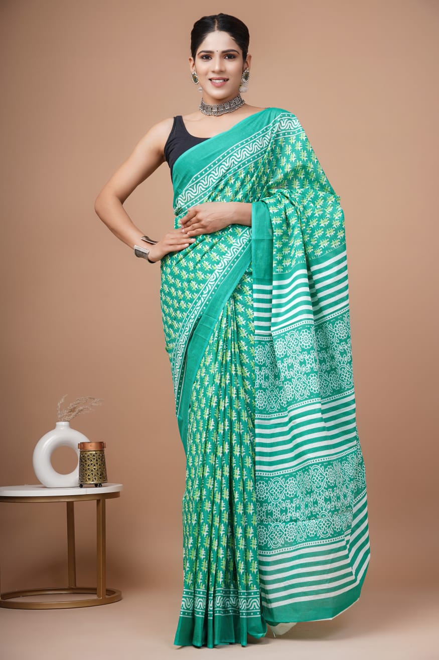 Persian Green Block Printed Handloom Cotton Mulmul Saree