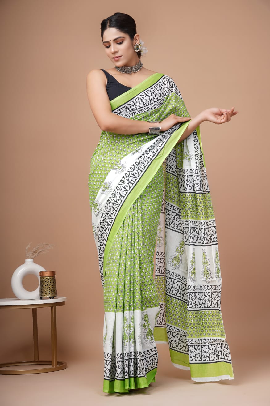 Tea Green Block Printed Handloom Cotton Mulmul Saree