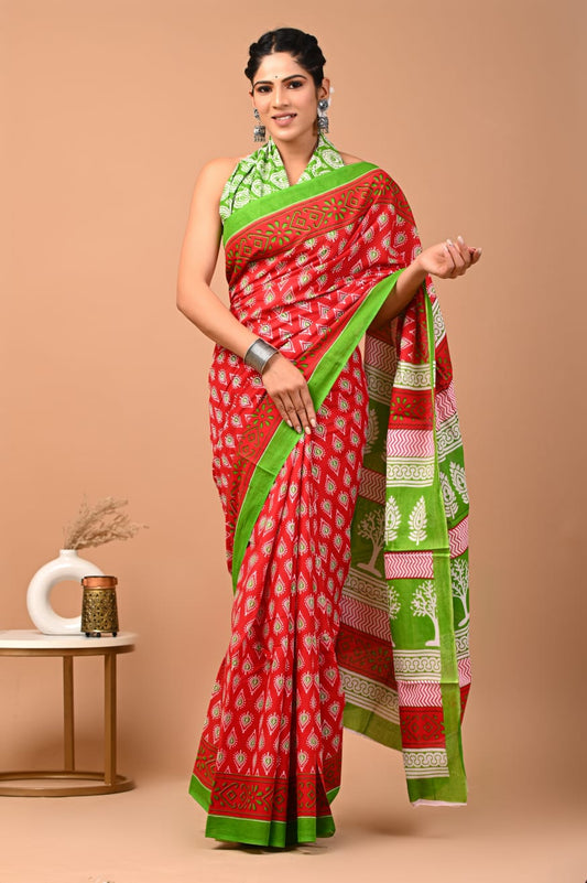 Imperial Red Block Printed Handloom Cotton Mulmul Saree