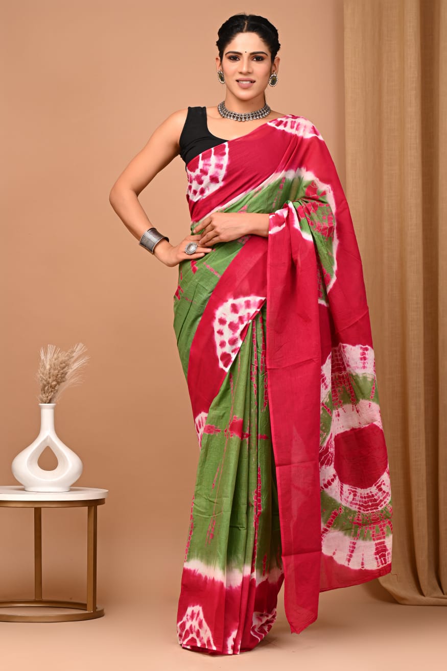 Olive Green & Red Tie-N-Dye Printed Handloom Cotton Mulmul Saree