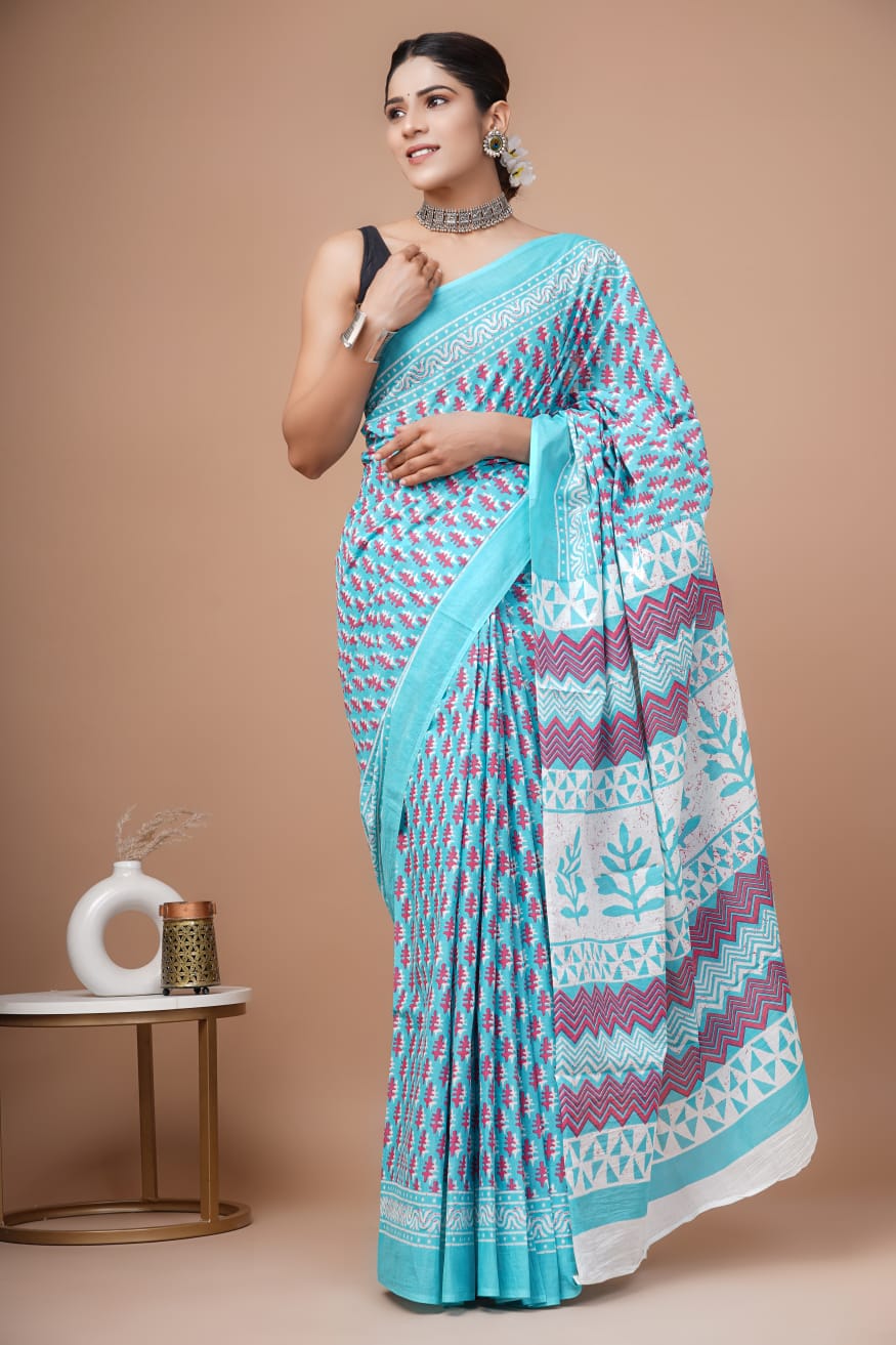 Sky Blue Block Printed Handloom Cotton Mulmul Saree