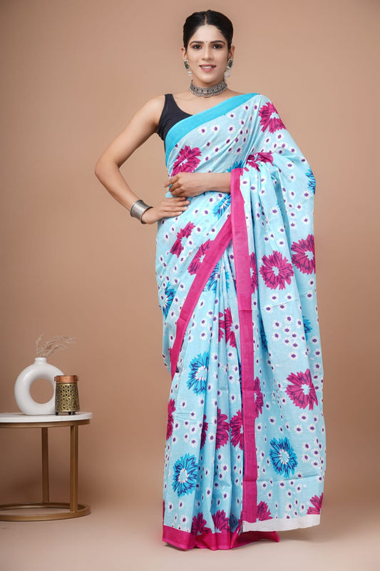 Sky Blue Floral Printed Handloom Cotton Mulmul Saree