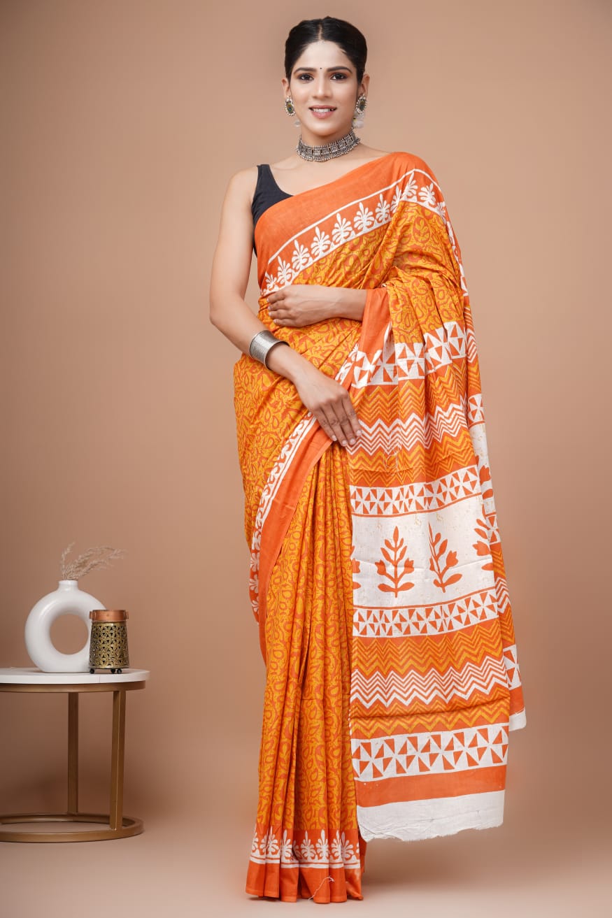 Saffron Yellow Floral Printed Handloom Cotton Mulmul Saree