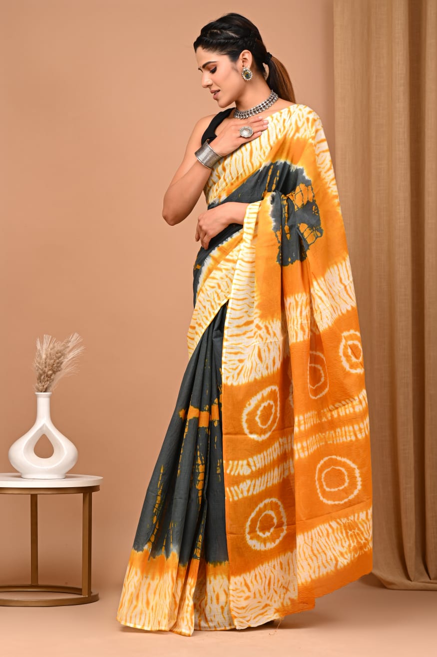 Black & Orange Tie-N-Dye Printed Handloom Cotton Mulmul Saree