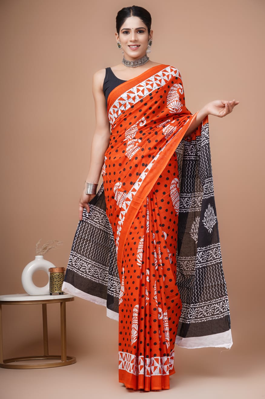 Tomato Orange Block Printed Handloom Cotton Mulmul Saree