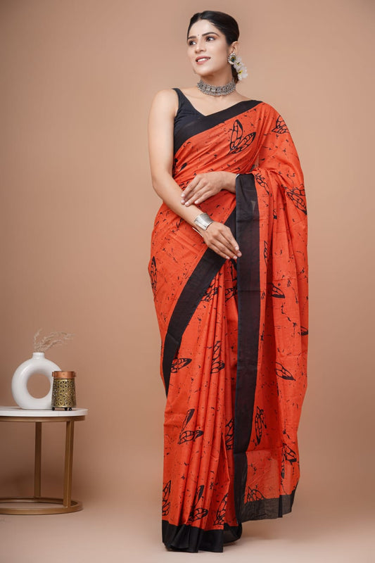 Tomato Orange Abstract Printed Handloom Cotton Mulmul Saree