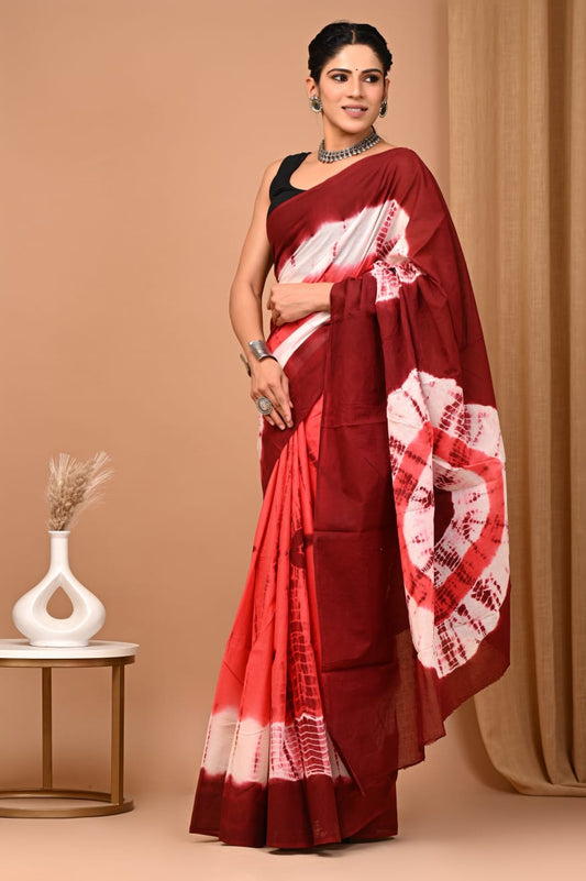 Brick Red Tie-N-Dye Printed Handloom Cotton Mulmul Saree