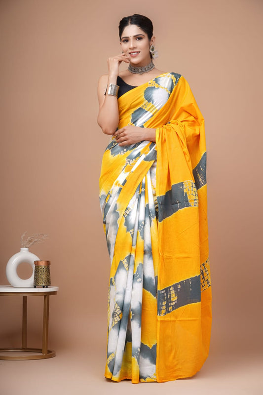 Light Saffron Yellow Tie-N-Dye Printed Handloom Cotton Mulmul Saree