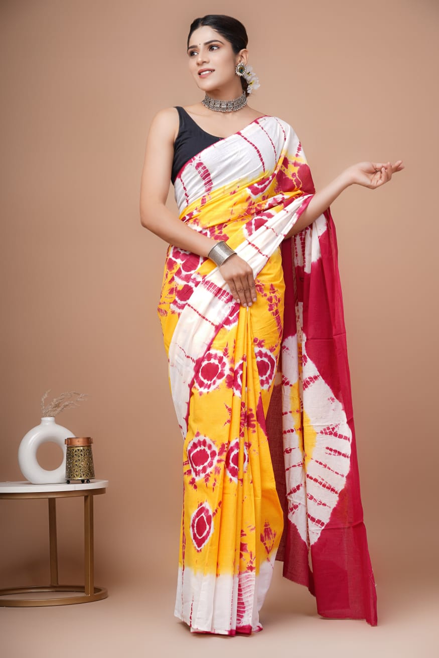 Yellow & Ivory Tie-N-Dye Printed Handloom Cotton Mulmul Saree