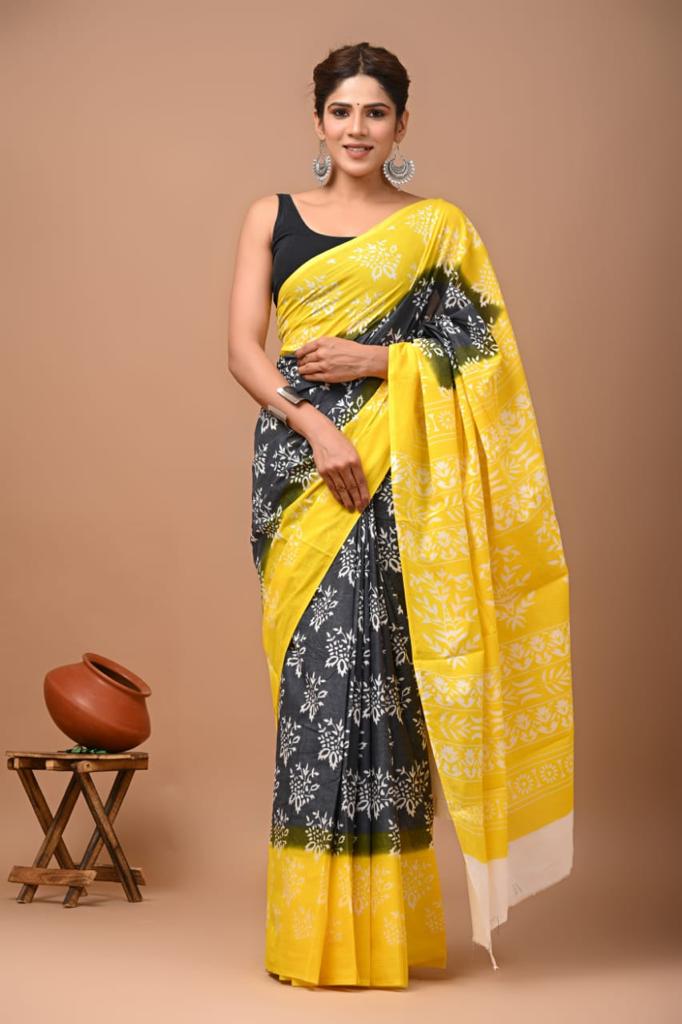 Black & Yellow Block Printed Handloom Cotton Mulmul Saree