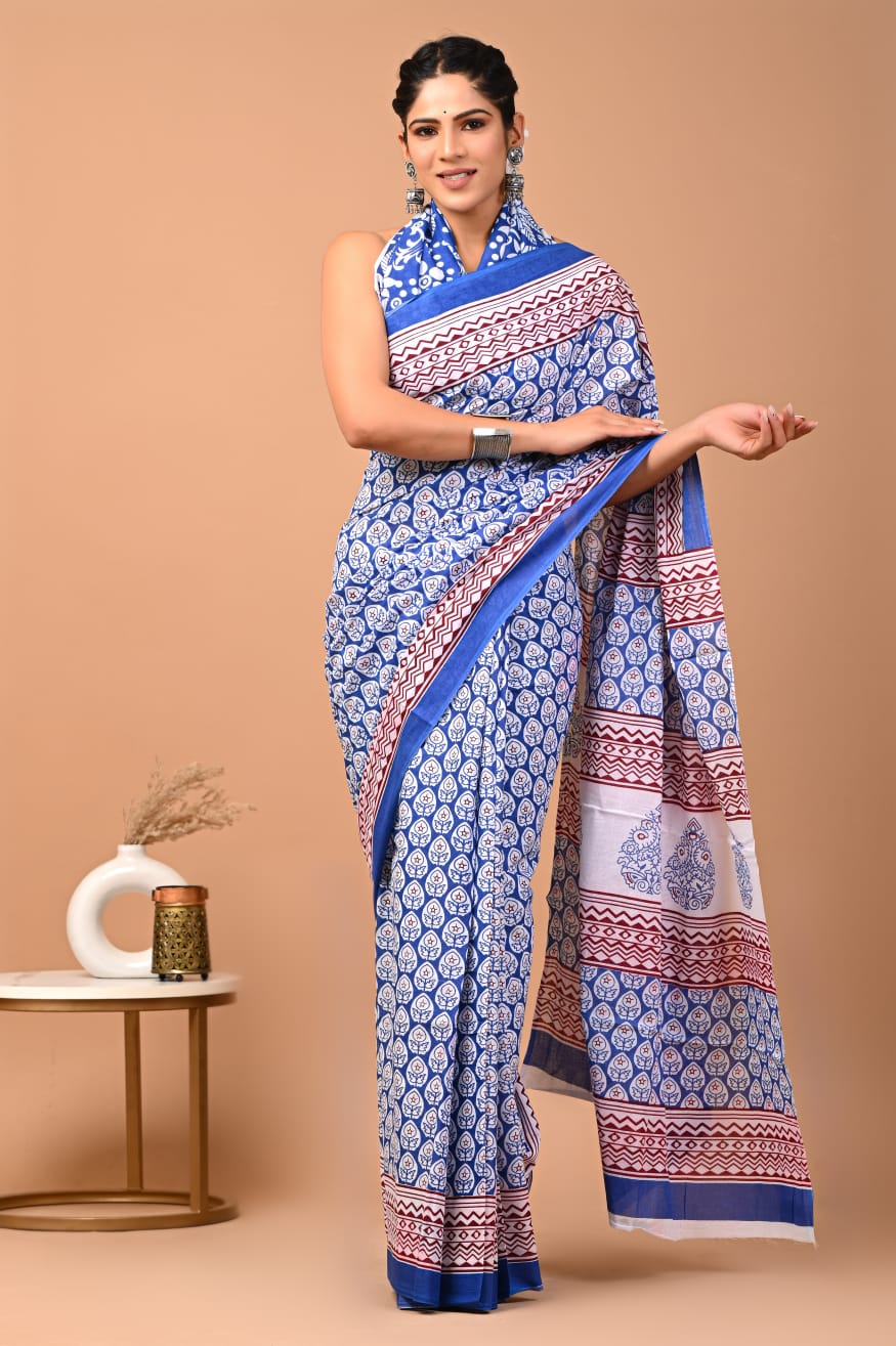 Blue Block Printed Handloom Cotton Mulmul Saree