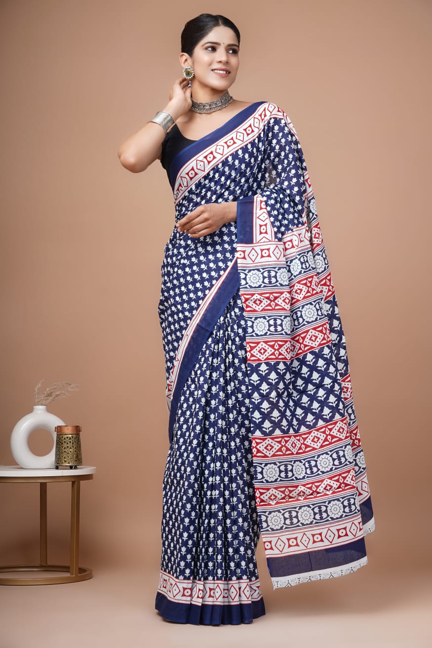 Navy Blue Floral Printed Handloom Cotton Mulmul Saree