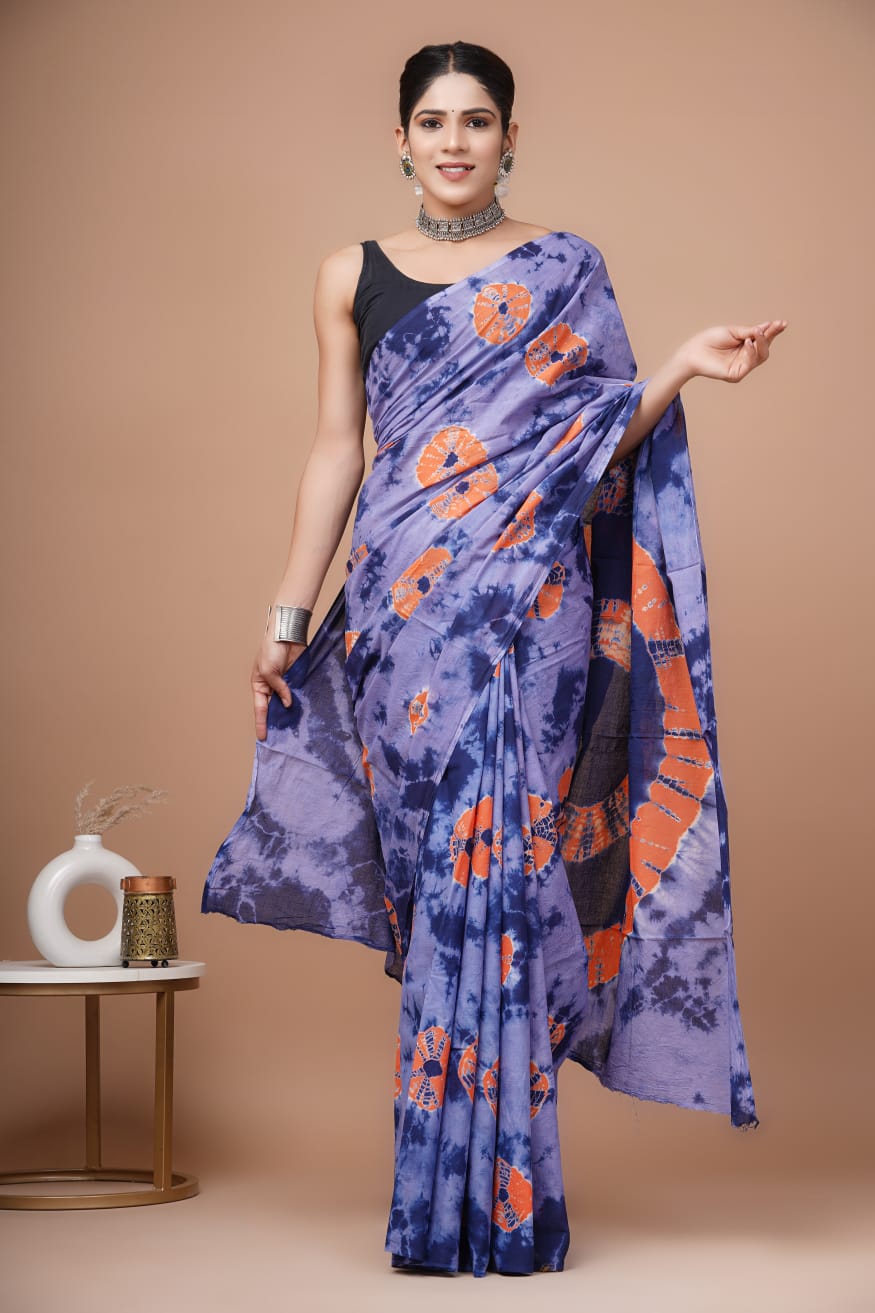 Light Indigo Floral Printed Handloom Cotton Mulmul Saree