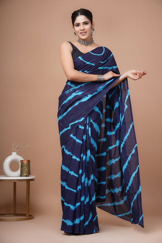 Dark Blue Tie-N-Dye Printed Handloom Cotton Mulmul Saree