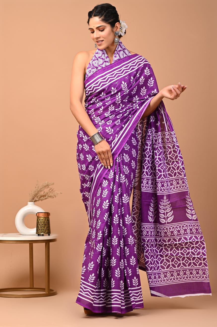 Purple Leafy Printed Handloom Cotton Mulmul Saree