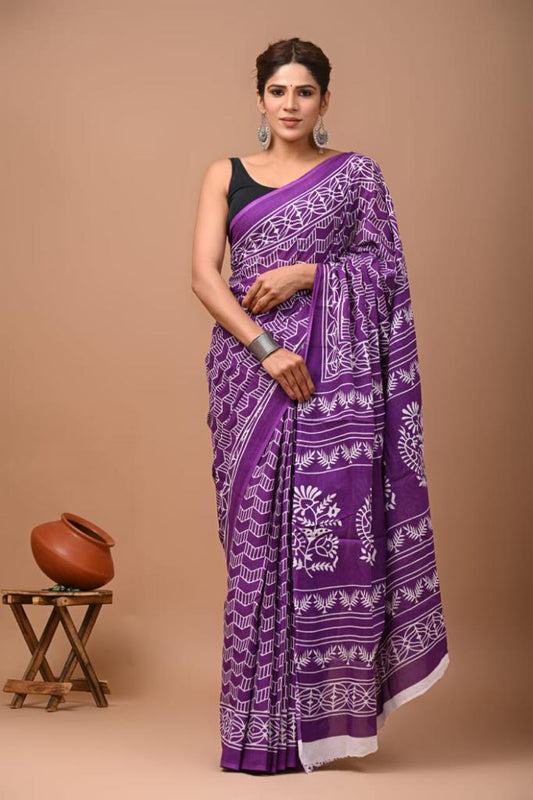 Purple Block Printed Handloom Cotton Mulmul Saree