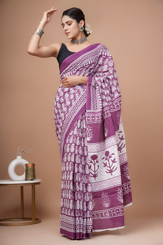 Ivory & Purple Mango Block Printed Handloom Cotton Mulmul Saree