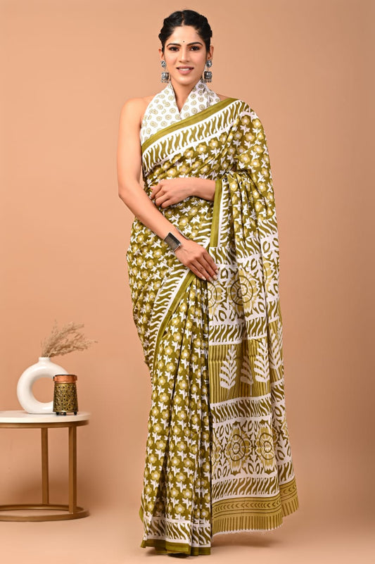 Olive Floral Printed Handloom Cotton Mulmul Saree