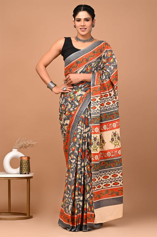 Light Grey & Orange Floral Printed Handloom Cotton Mulmul Saree