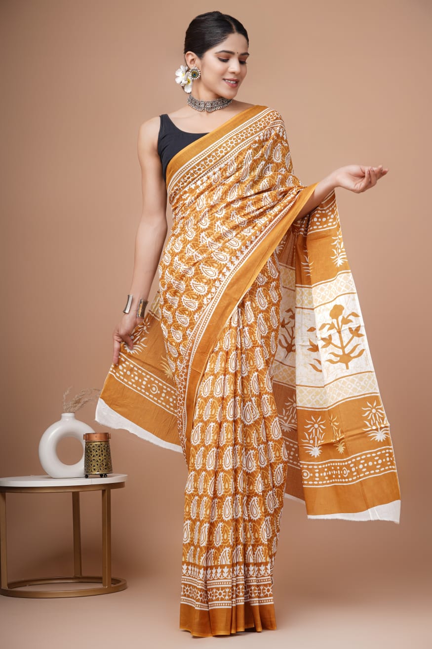 Light Copper Mango Block Printed Handloom Cotton Mulmul Saree