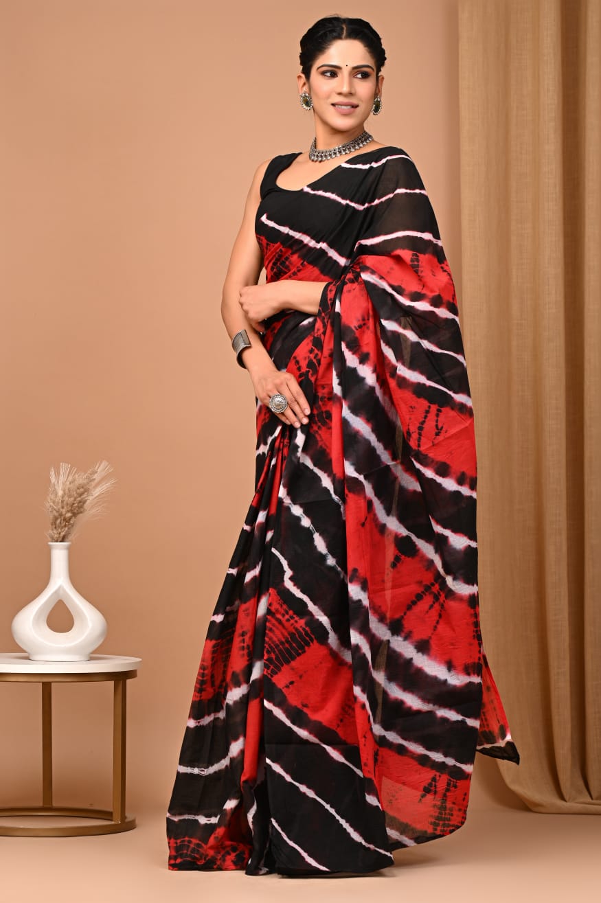 Red & Black Tie-N-Dye Printed Handloom Cotton Mulmul Saree