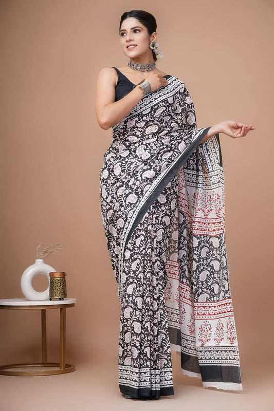 Ivory & Black Mango Printed Handloom Cotton Mulmul Saree