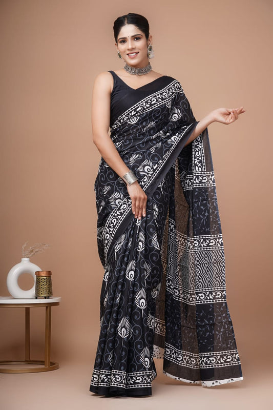 Black Block Printed Handloom Cotton Mulmul Saree