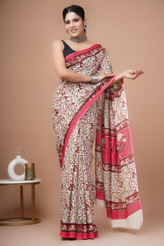 Ivory & Light Green Block Printed Handloom Cotton Mulmul Saree