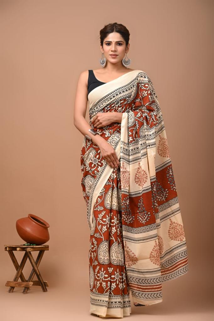 Copper & Ivory Block Printed Handloom Cotton Mulmul Saree