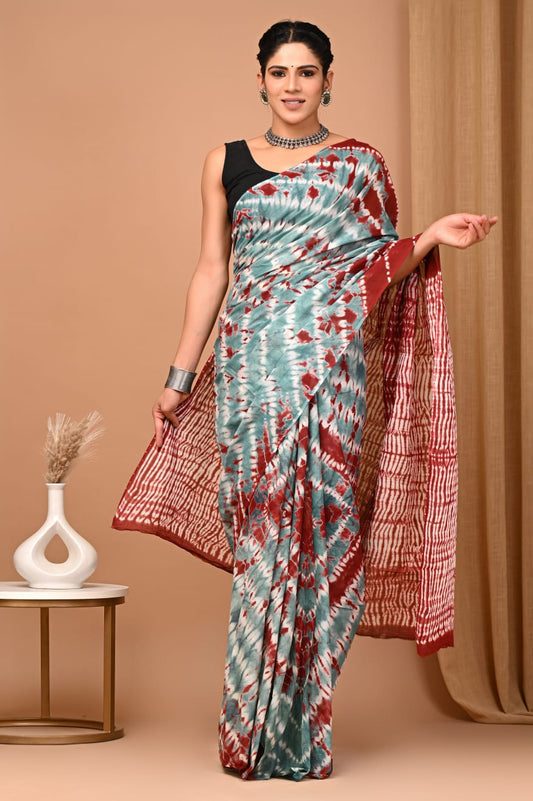 Light Sapphire & Copper Tie-N-Dye Printed Handloom Cotton Mulmul Saree