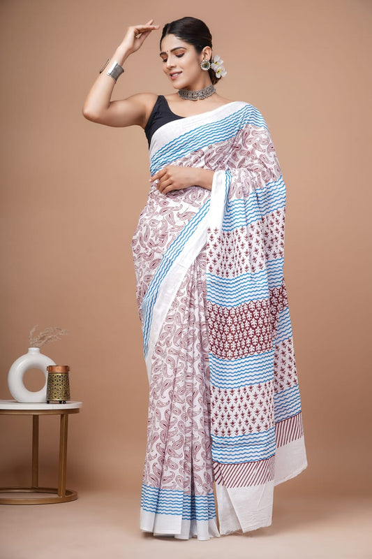 Ivory & Copper Mango Block Printed Handloom Cotton Mulmul Saree