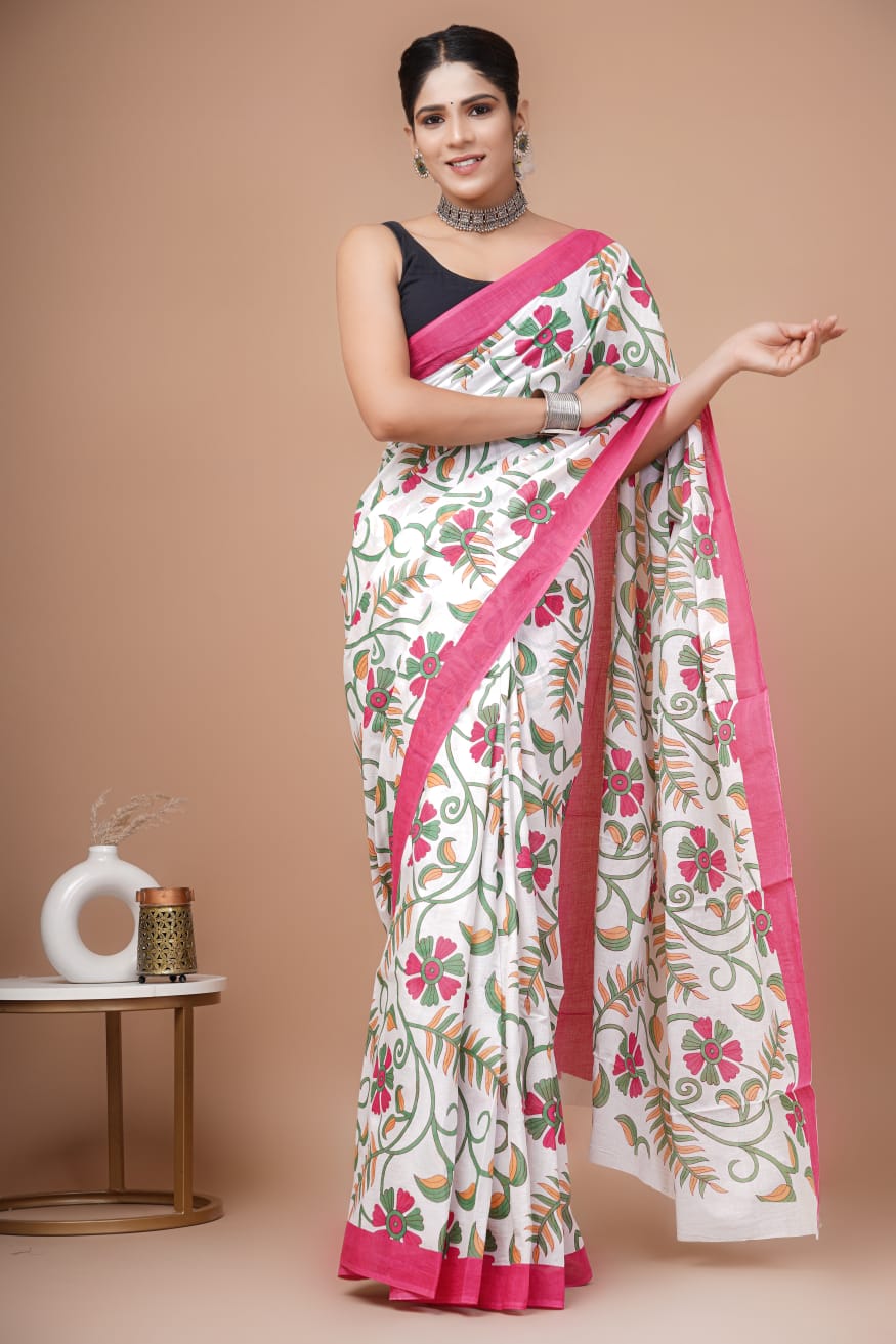 Ivory & Green Floral Printed Handloom Cotton Mulmul Saree