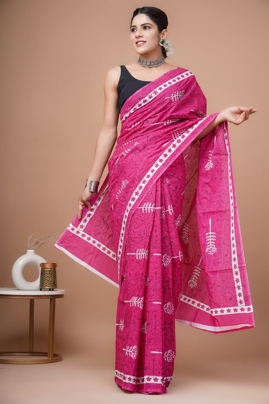 Hot Pink Printed Handloom Cotton Mulmul Saree