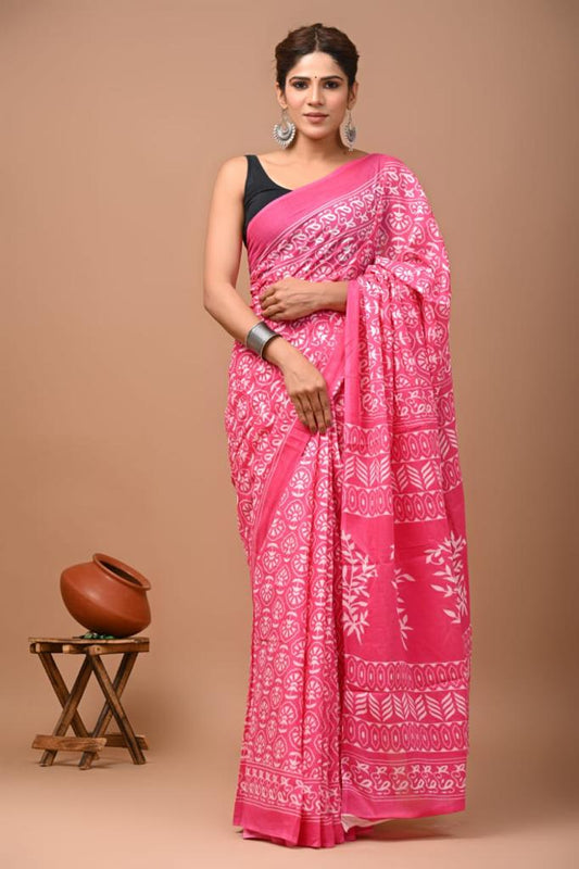 Pink Block Printed Handloom Cotton Mulmul Saree