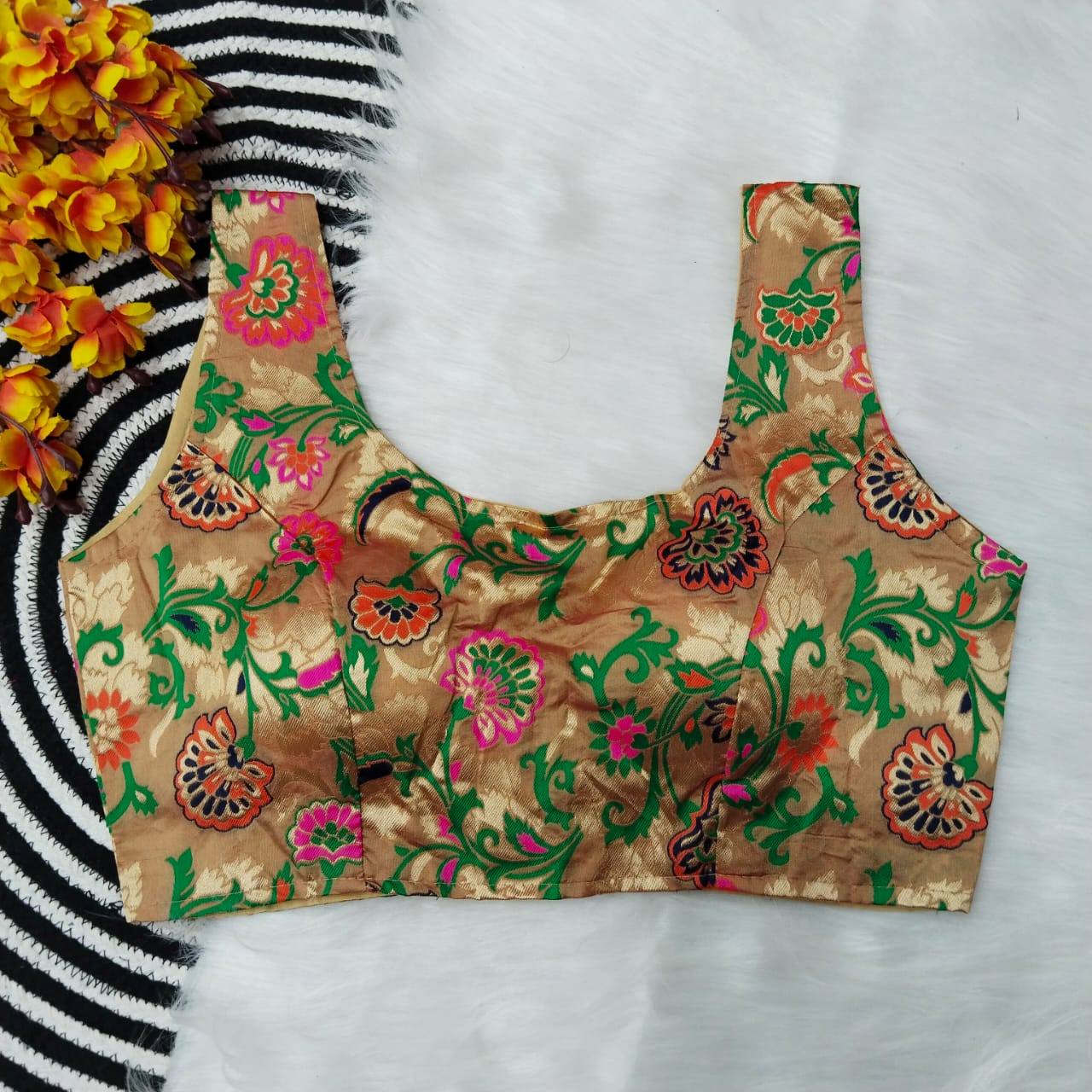 Meenakari Banarasi Silk Sleeveless Blouse With Floral Print