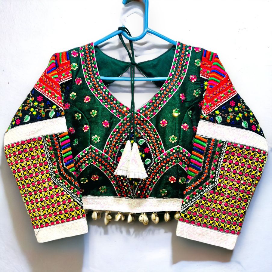 Traditional Multicolor Silk Blouse With Kodi & Sequins - Navratri Special