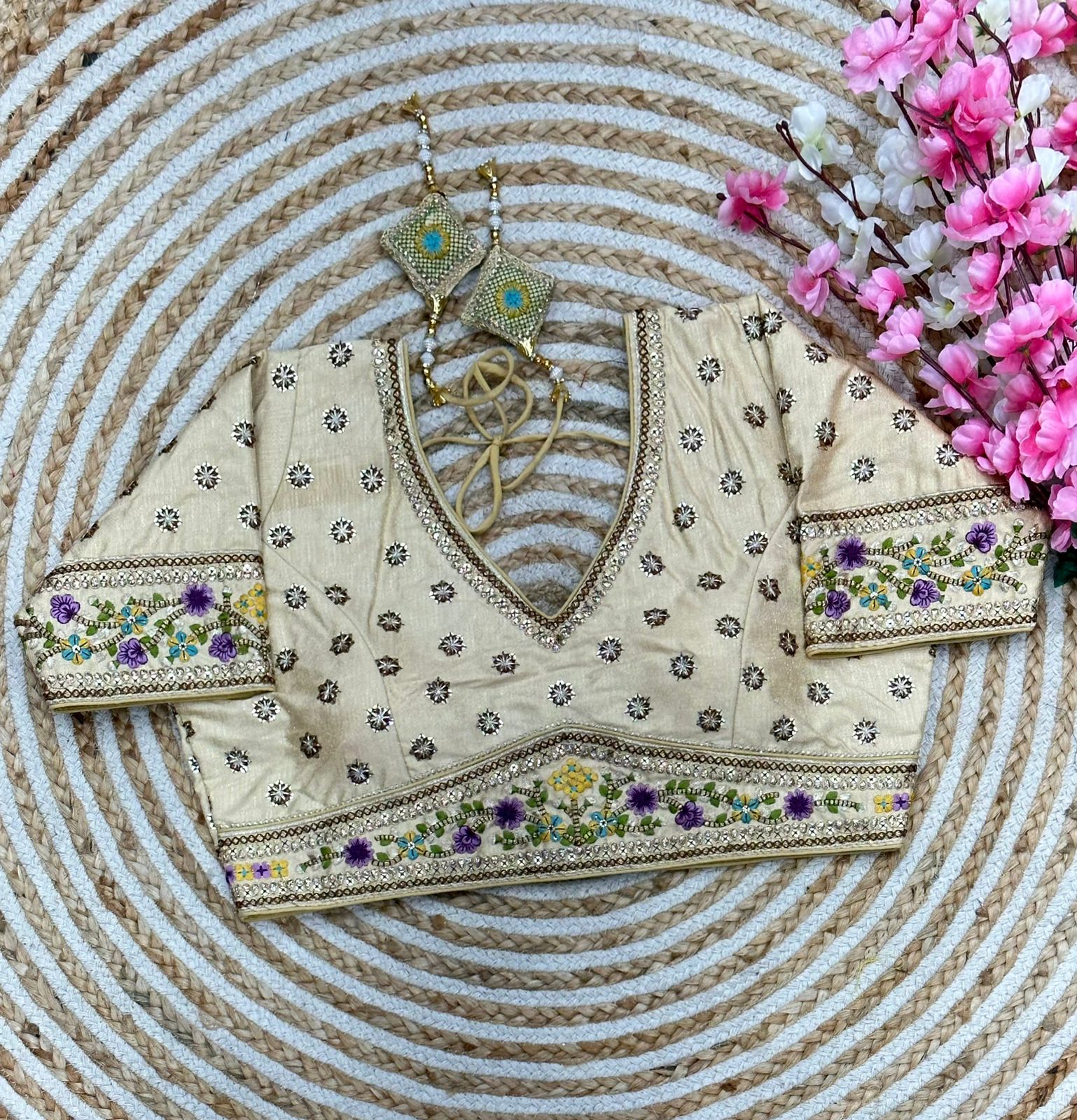Embroidered Flowers With Sequins Designer Blouse With Latkans