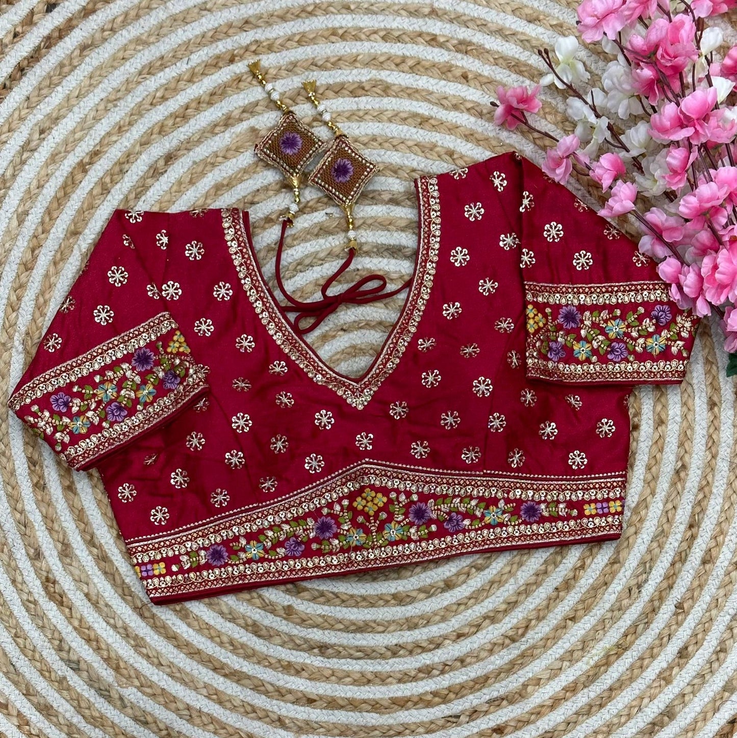 Embroidered Flowers With Sequins Designer Blouse With Latkans