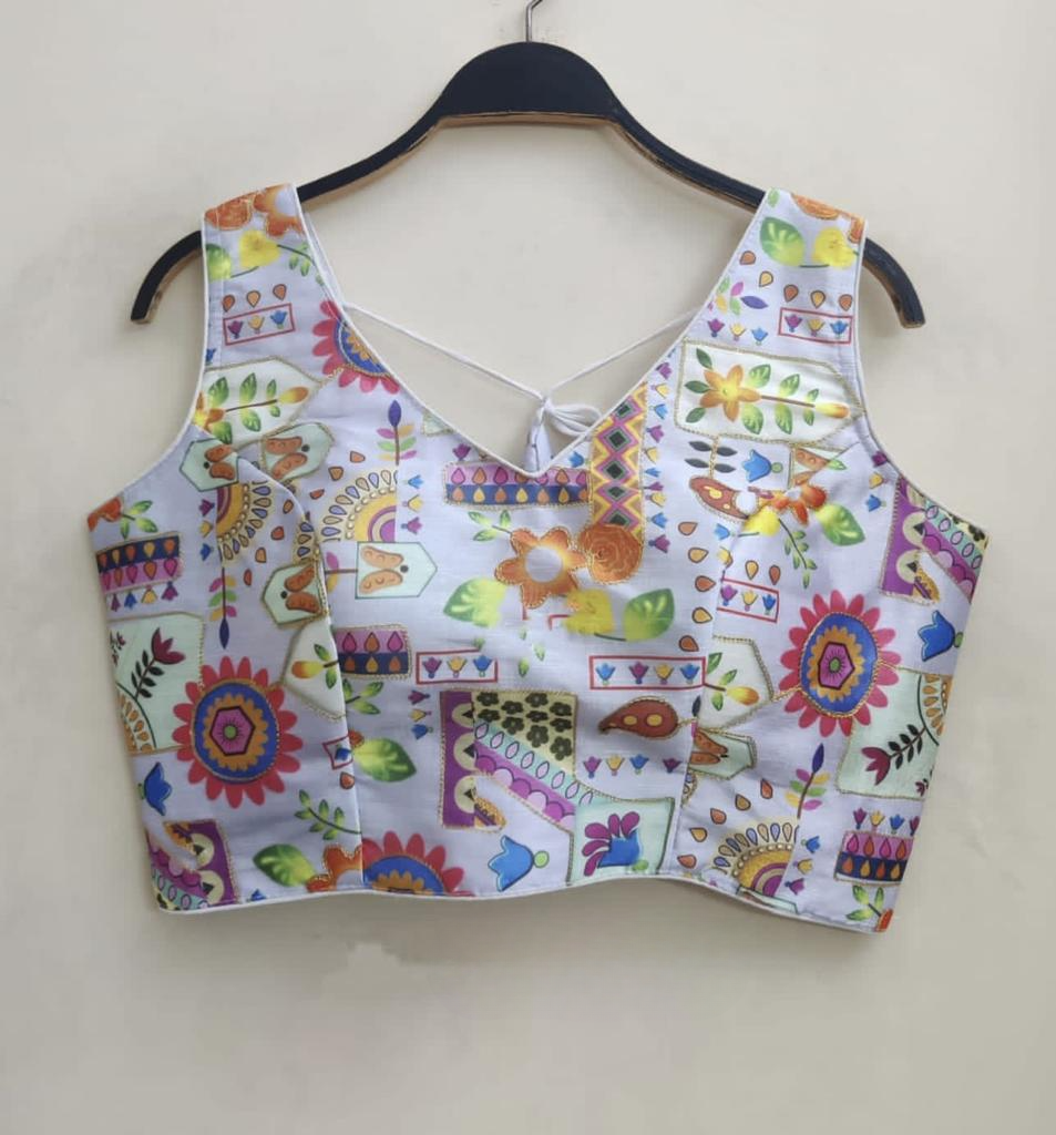 Abstract Digital Printed Raw Silk Designer Blouse With Cording