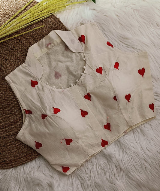 Khadi Cotton Blouse With Red Hearts