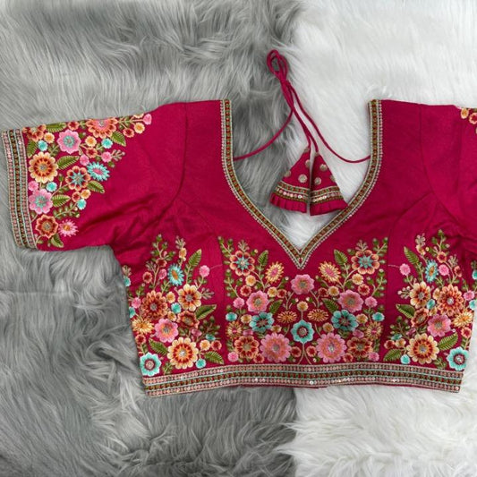 Floral Silk Thread & Zari Embroidered Designer Silk Blouse