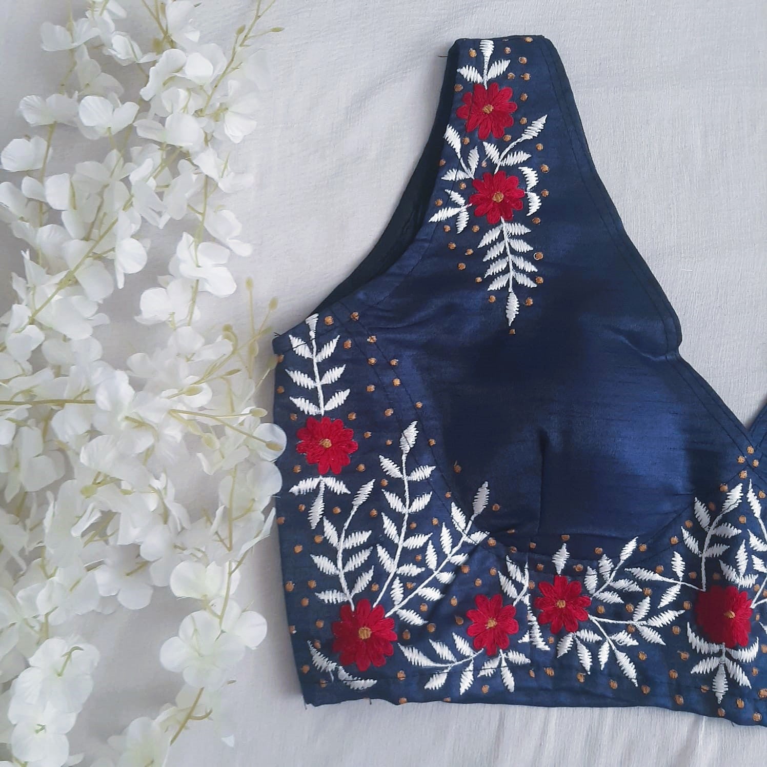 Floral Embroidered Navy Blue Raw Silk Blouse