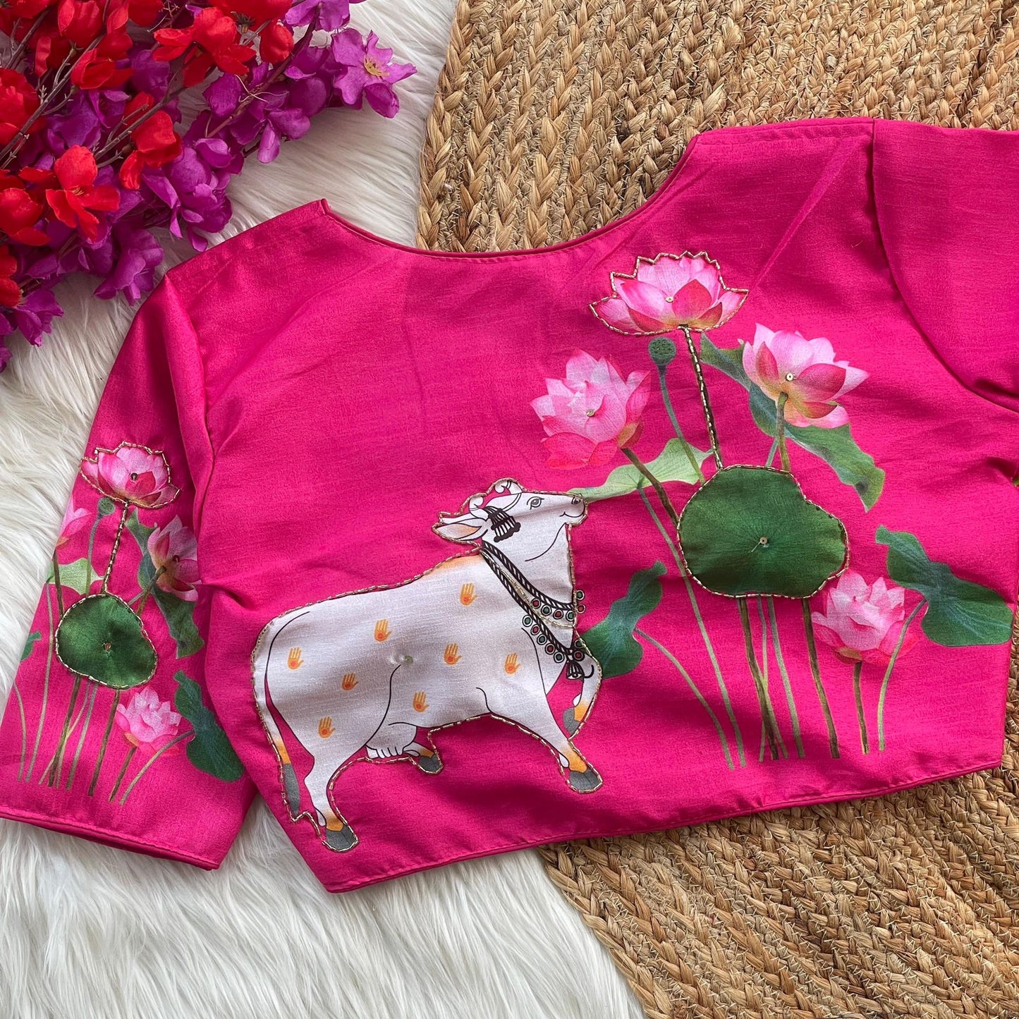 Bright Pink Pichwai Printed Readymade Blouse