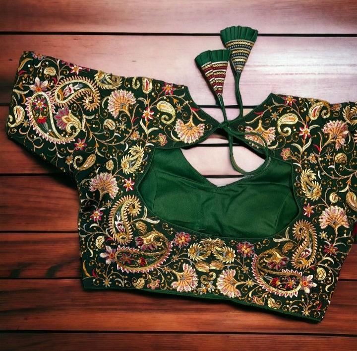 Green Kashmiri Multicolor Silk Thread Embroidered Designer Blouse