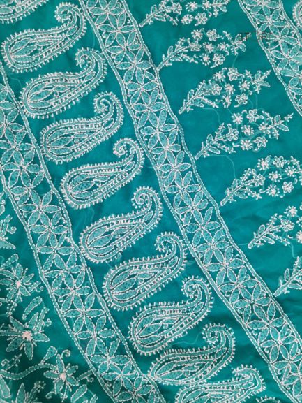 Rama Green Noor Full Jaal Hand Embroidered Lucknowi Chikankari Saree